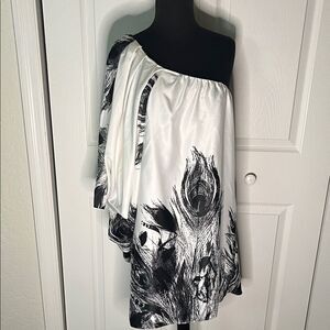 Vintage Y2K Cache One-Shoulder Black White Dress Size 10 Peacock Feather